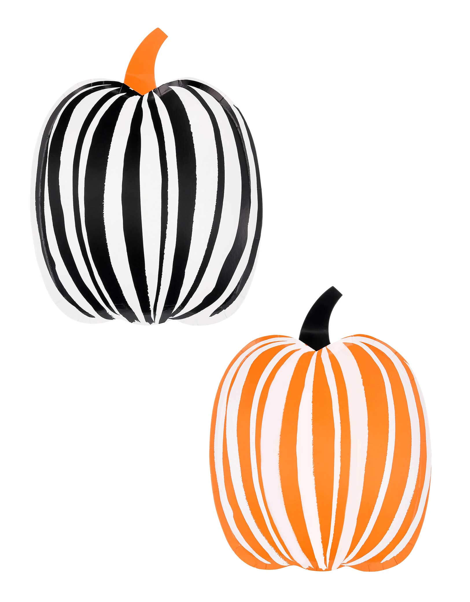 Momo Party's 7.875" x 10.125" Stripe Pumpkin Paper Plates featuring two pumpkins, one black and white striped, the other orange and white striped by Meri Meri on a white background. The dynamic shape, and stripes, of these pumpkin paper plates bring a classic Halloween icon to life, setting the tone for a spirited celebration. Ideal for a kid-friendly feast, or a scary-chic soirée, they'll add the finishing touch to your party table.