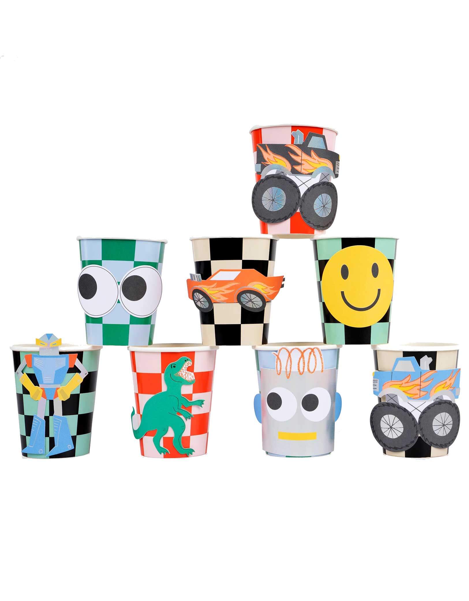 Momo Party's 9oz Toybox Icon Party Cups by Meri Mier. Come in a set of 8 checkered paper cups include 8 different printed paper designs, attached to the cups, including monster trucks, a car, robots, a T-rex, a smiley face and googly eyes. The bold and bright retro designs of these paper cups will make any birthday party look instantly cheerful, colorful and cool.