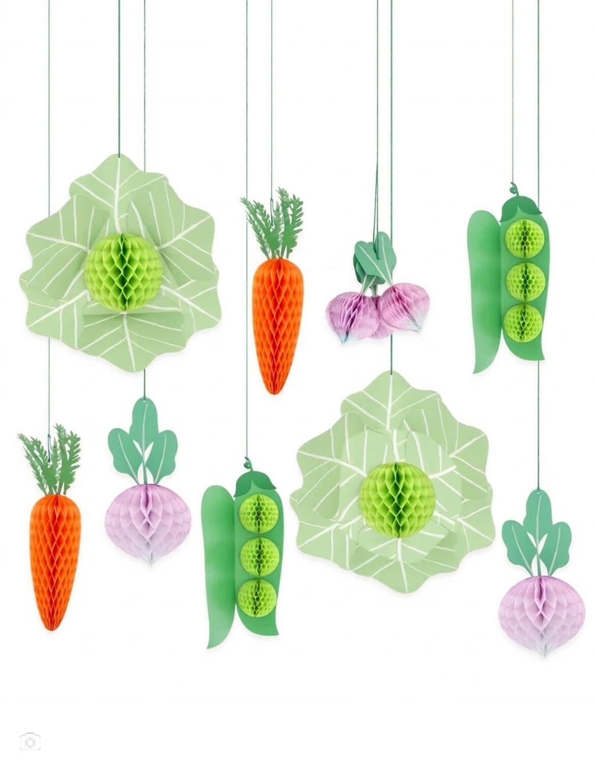 A set of Momo Party's decorative paper hanging honeycomb vegetable decorations by Meri Meri including carrots, peas, and lettuces, beets, and green peas on a white background.