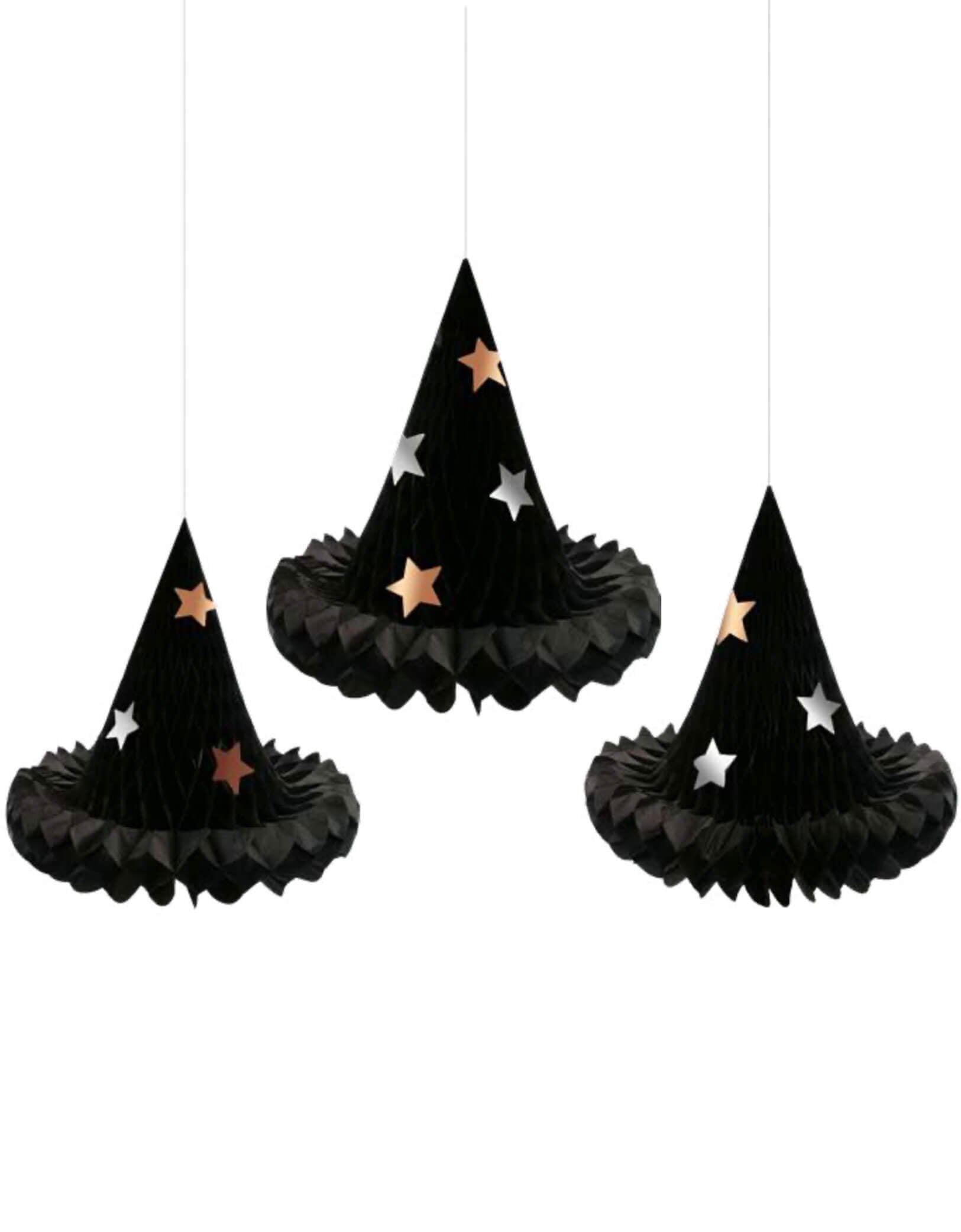Momo Party's 13.25" x 12.875" Witch Hat Hanging Decorations by Meri Meri. Whether they are hanging in your home, or gently swaying in your porch or garden, these versatile witch hats will delight all visitors on Halloween. They come with silver metallic cord for hanging – why not try tying them at different lengths for maximum effect? The glitter stars will shine brightly to mesmerize your guests too.