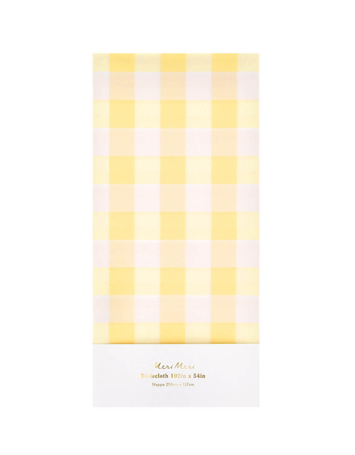 Momo Party's paper tablecloth with yellow and white checkered design by Meri Meri on a white background.