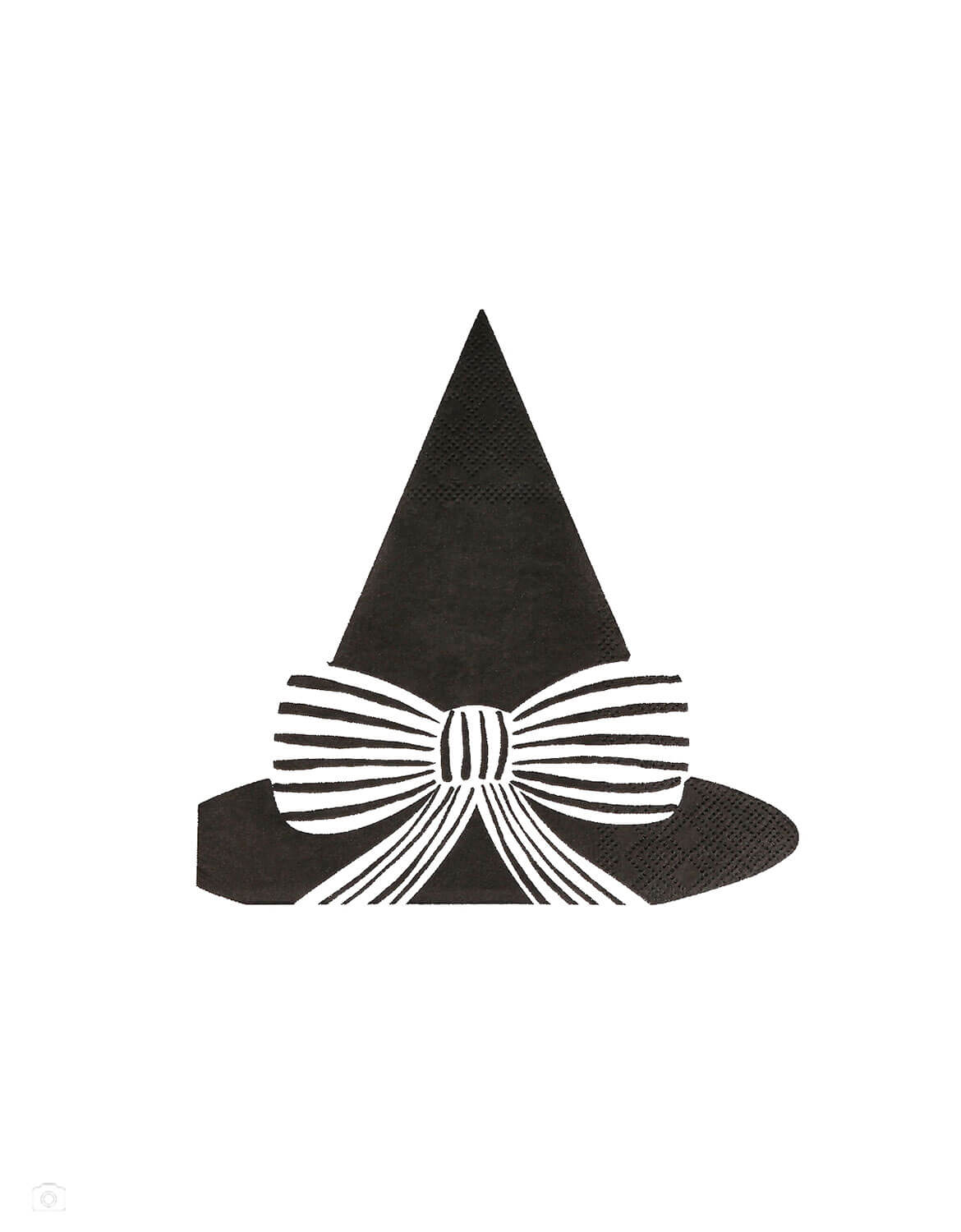 Momo Party's black witch hat napkin with a wide brim and a large black-and-white striped bow by Meri Meri, shown on a plain white background.