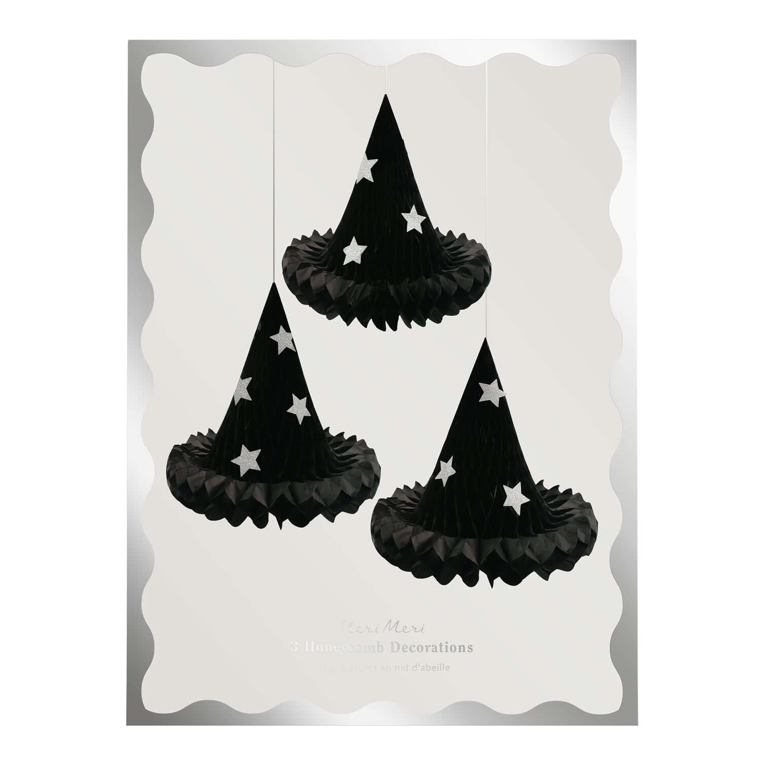 Package of Meri Meri Hanging Honeycomb Witch Hat Decorations, Sale by Momo Party. This 13.25" x 12.875" Witch Hat Hanging Decorations made by tissue paper honeycomb witch hats, with silver paper clips to hold them open. Whether they are hanging in your home, or gently swaying in your porch or garden, these versatile witch hats will delight all visitors on Halloween. The glitter stars will shine brightly to mesmerize your guests too.