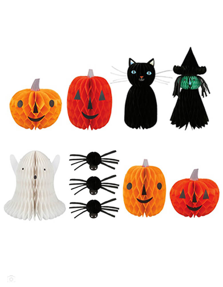 Momo Party's Halloween Character Honeycomb Decorations by Meri Meri. These large 3D honeycomb characters including a ghost, a witch, a black cat, three spiders and four pumpkins with faces, will add spectacular scary decorative fun to your Halloween party table, mantel or porch. They are crafted from tissue paper honeycomb, with silver paperclips included to hold the honeycomb open. Use them year after year to thrill and chill!