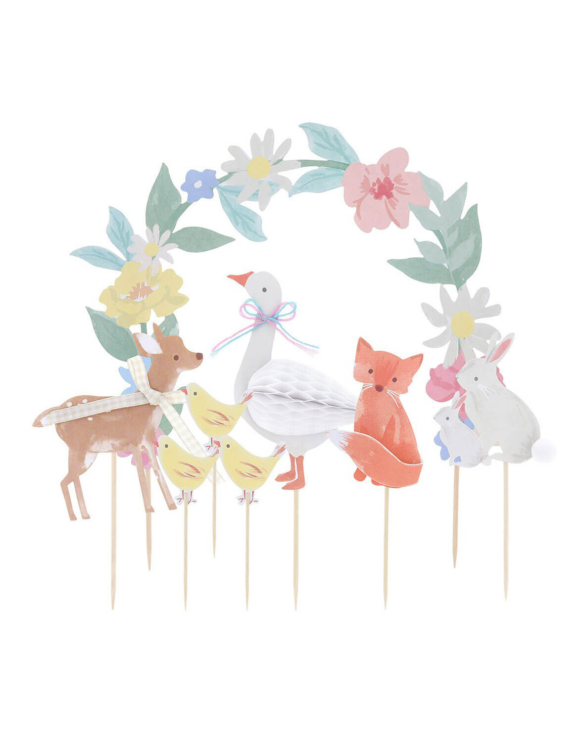 Momo Party's set of animal-themed cake toppers including bunnies, a goose, chicks and a fawn with flowers on a white background.