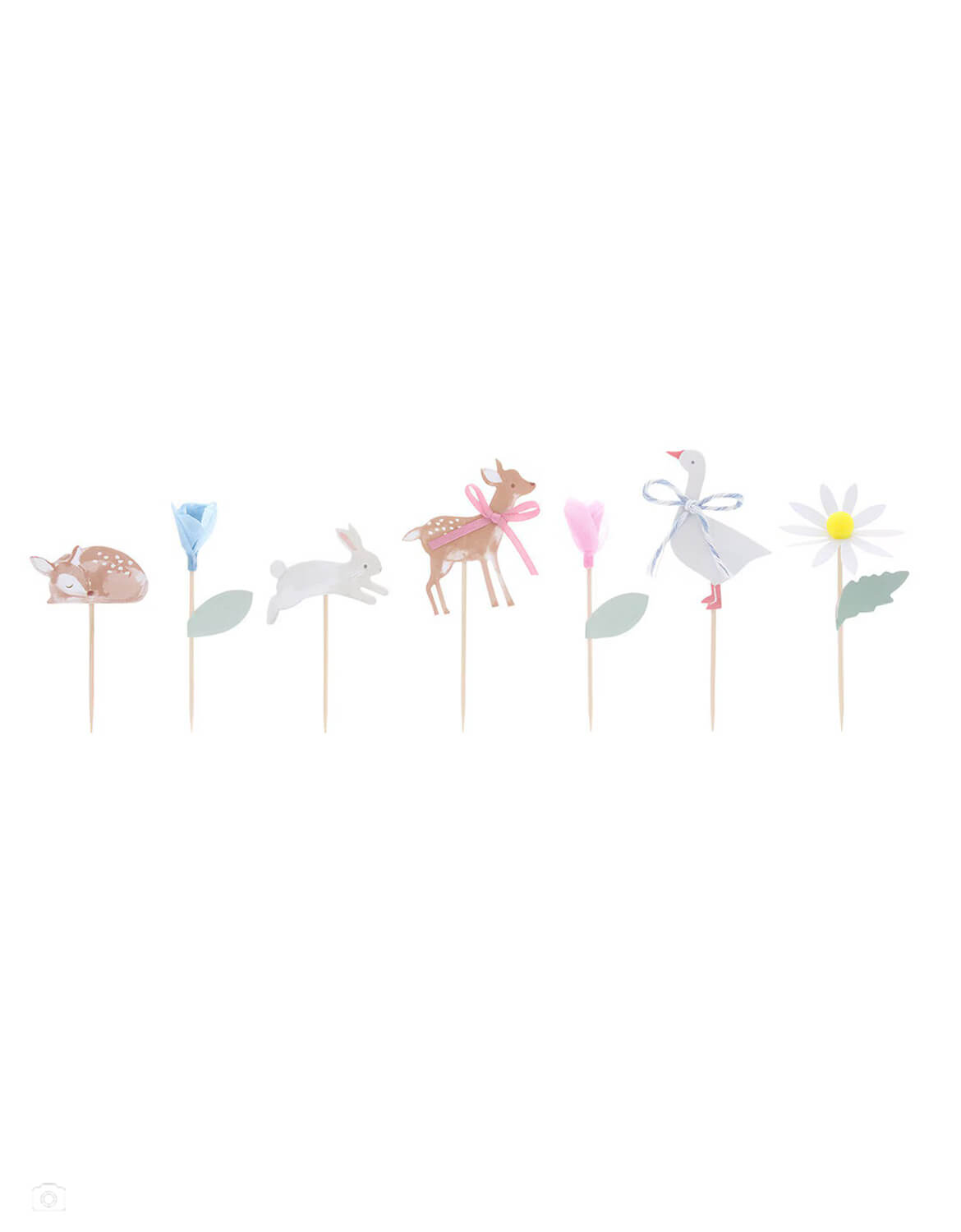 Momo Party's set of little animals cupcake toppers of fawns, a rabbit, a goose, and flowers on sticks by Meri Meri against a white background.