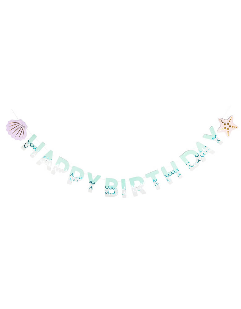 Momo Party's 6.5' mermaid happy birthday banner set by My Mind's Eye. This under the sea banner set features a festive "Happy Birthday" message and includes a fun mylar fringe banner. It's perfect for a kid's under the sea or mermaid themed birthday party.