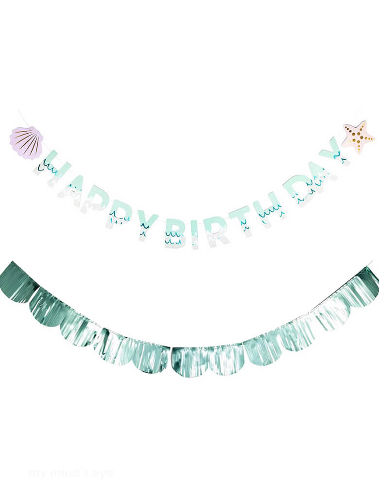 Momo Party's 6.5' mermaid happy birthday banner set by My Mind's Eye. This under the sea banner set features a festive "Happy Birthday" message and includes a fun mylar fringe banner. It's perfect for a kid's under the sea or mermaid themed birthday party.