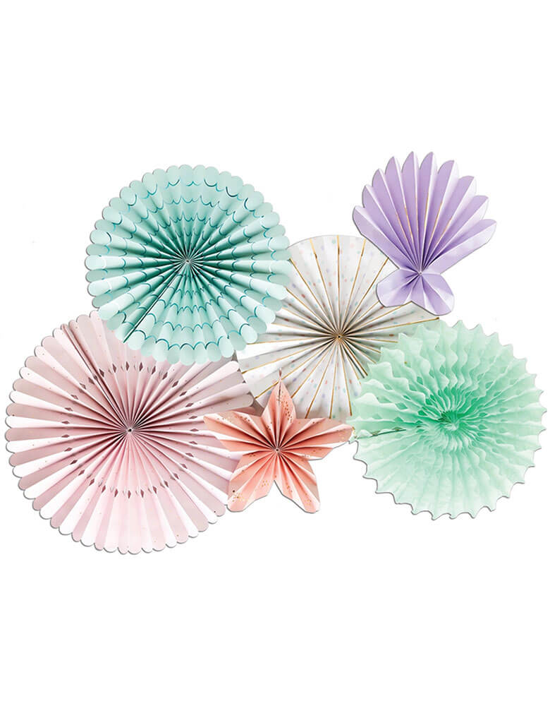 Momo Party's Under the Sea Fan Set by My Mind's Eye. Comes in a set of 6 paper fans 6 fans of size 14", 8.5",  8",  7", and 5.5" in pastel colors of aqua, pink, lilac, teal, cream and peach, this mermaid-inspired fan set will add an enchanting touch to any under the sea themed celebration. Bring the ocean to your event and create a memorable atmosphere. 