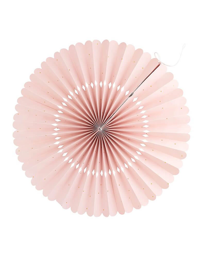A close up shot of the light pink colored paper fan from Momo Party's Under the Sea Fan Set by My Mind's Eye. Comes in a set of 6 paper fans 6 fans of size 14", 8.5", 8", 7", and 5.5" in pastel colors of aqua, pink, lilac, teal, cream and peach, this mermaid-inspired fan set will add an enchanting touch to any under the sea themed celebration. Bring the ocean to your event and create a memorable atmosphere.