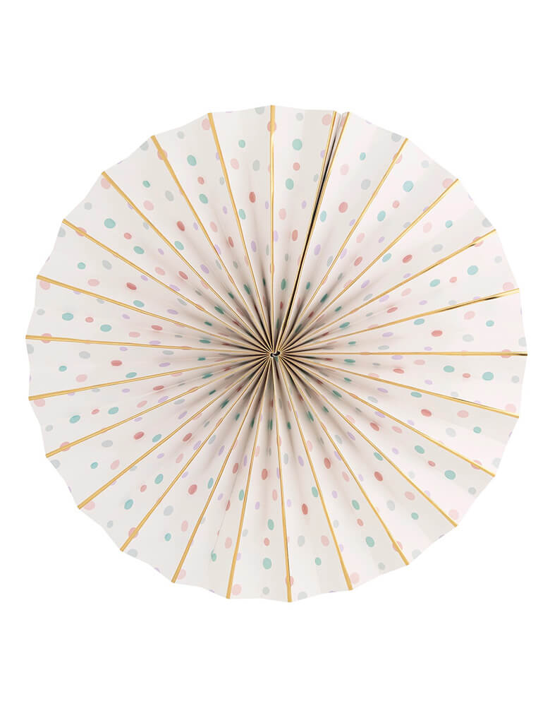 A close up shot of the cream polka dot paper fan from Momo Party's Under the Sea Fan Set by My Mind's Eye. Comes in a set of 6 paper fans 6 fans of size 14", 8.5", 8", 7", and 5.5" in pastel colors of aqua, pink, lilac, teal, cream and peach, this mermaid-inspired fan set will add an enchanting touch to any under the sea themed celebration. Bring the ocean to your event and create a memorable atmosphere.