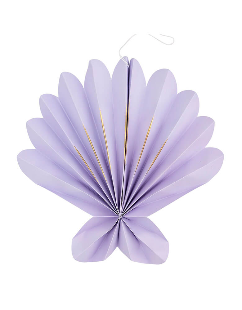 A close up shot of the shell shaped paper fan from Momo Party's Under the Sea Fan Set by My Mind's Eye. Comes in a set of 6 paper fans 6 fans of size 14", 8.5", 8", 7", and 5.5" in pastel colors of aqua, pink, lilac, teal, cream and peach, this mermaid-inspired fan set will add an enchanting touch to any under the sea themed celebration. Bring the ocean to your event and create a memorable atmosphere.