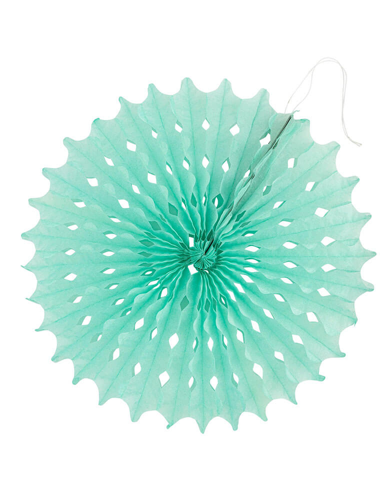 A close up shot of the teal colored paper fan from Momo Party's Under the Sea Fan Set by My Mind's Eye. Comes in a set of 6 paper fans 6 fans of size 14", 8.5", 8", 7", and 5.5" in pastel colors of aqua, pink, lilac, teal, cream and peach, this mermaid-inspired fan set will add an enchanting touch to any under the sea themed celebration. Bring the ocean to your event and create a memorable atmosphere.