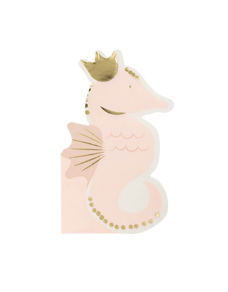 Momo Party's 4.25" x 7.75" Pink Seahorse Shaped Napkins by My Mind's Eye. Comes in a set of 18 napkins, these adorable light pink seahorse shaped napkins with gold foil will bring a playful touch to any under the sea or mermaid celebration.