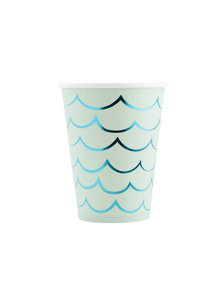 Momo Party's 12oz Mermaid Tail Paper Party Cups by My Mind's Eye. Comes in as a set of 8 cups, with an adhesive tail and aqua foil, these cups are perfect for any under the sea themed celebration. Embrace your inner mermaid and make a splash with these quirky and fun cups.