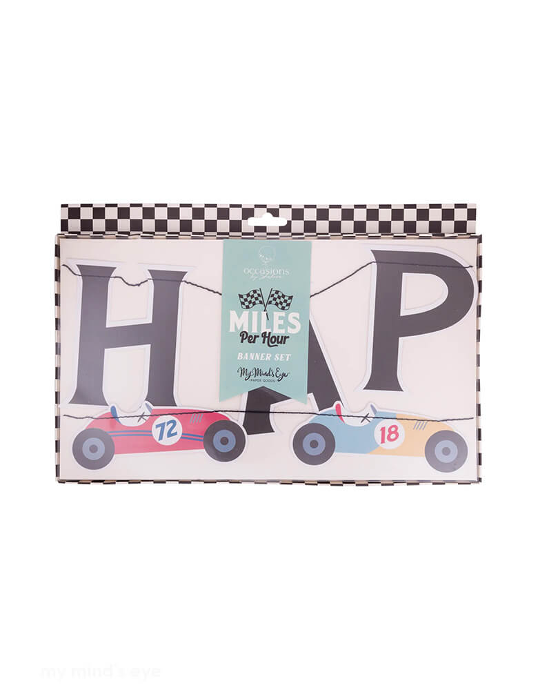 The package of Momo Party's 4ft & 6ft miles per hour race car happy birthday party paper banners by My Mind's Eye. Featuring a banner with colorful cars, this party accessory will bring joy to kid's "Fast One" race car themed first birthday or "Two Fast" second birthday, "Need Four Speed" fourth birthday party any birthday bash. Get ready to hit the road to a fun and festive celebration!
