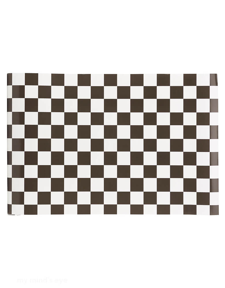 Momo Party's 16" x 120" miles per hour black and white checkered paper table runner by My Mind's Eye. With the classic black and white checkered pattern, this stylish table runner is perfect for kid's race car themed birthday, cool dude, "One Happy Dude', "Two Cool" or Vans-inspired themed birthday bashes! 