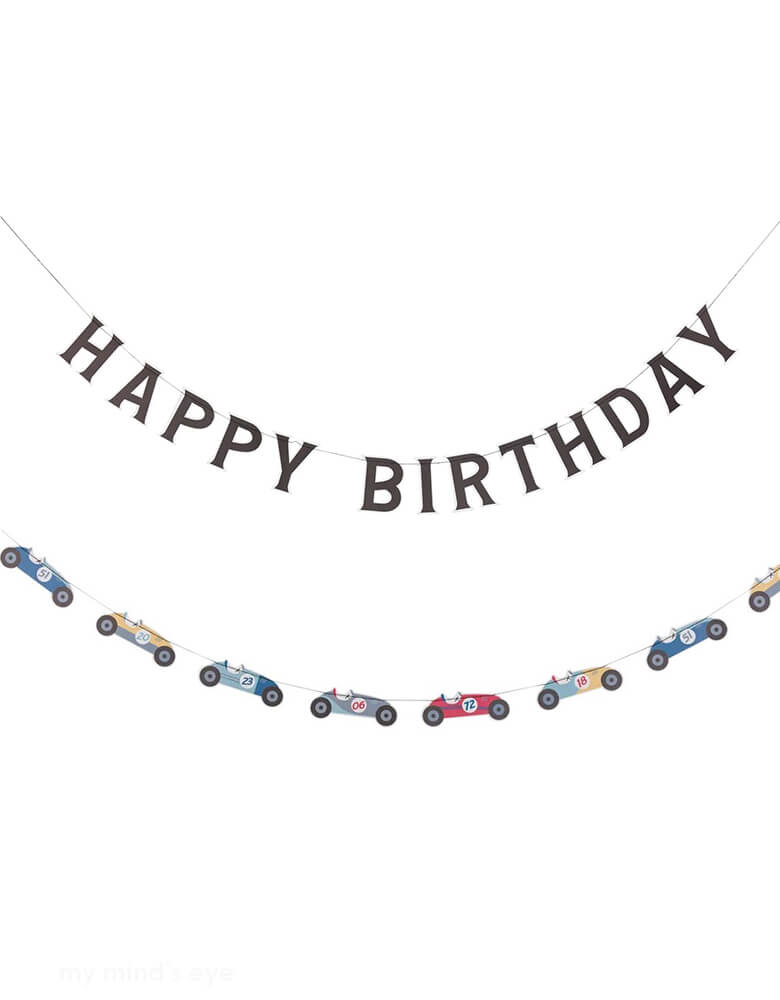 Momo Party's 4ft & 6ft miles per hour race car happy birthday party paper banners by My Mind's Eye. Featuring a banner with colorful cars, this party accessory will bring joy to kid's "Fast One" race car themed first birthday or "Two Fast" second birthday, "Need Four Speed" fourth birthday party any birthday bash. Get ready to hit the road to a fun and festive celebration!