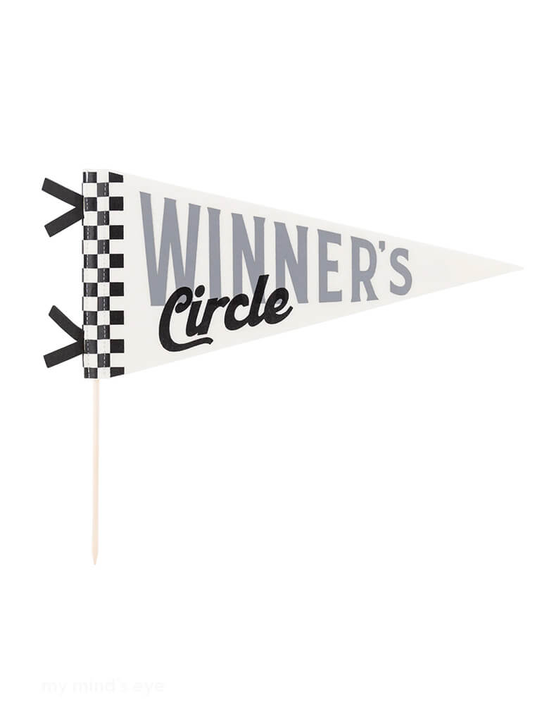 Momo Party's Miles Per Hour Winner's Circle felt party pennant by My Mind's Eye. Measuring 15" long on a 14" wood dowel, it's perfect for party decor, this pennant is a fun way to add some flair to a race car themed celebration be it a "Fast One" first birthday party, a "Two Fast" second birthday party, or a "Speed Limit 3" third birthday party, or a "Need Four Speed" 4th birthday party. Show off the birthday winner and their winning spirit in style.  