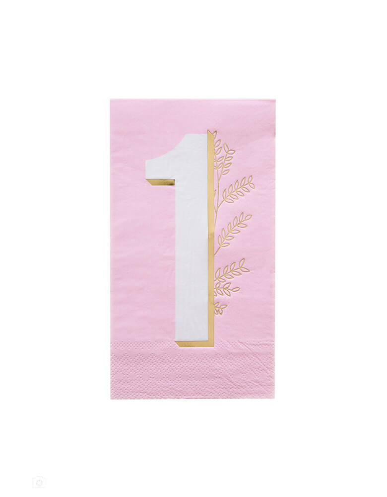 Momo Party's Milestone Pink Onederland Guest Napkins by Jollity & co. These beautifully pink Onederland guest napkins featuring a numner one with leaves design in gold foil print, these are perfect for celebrating your baby girl's first birthday. 