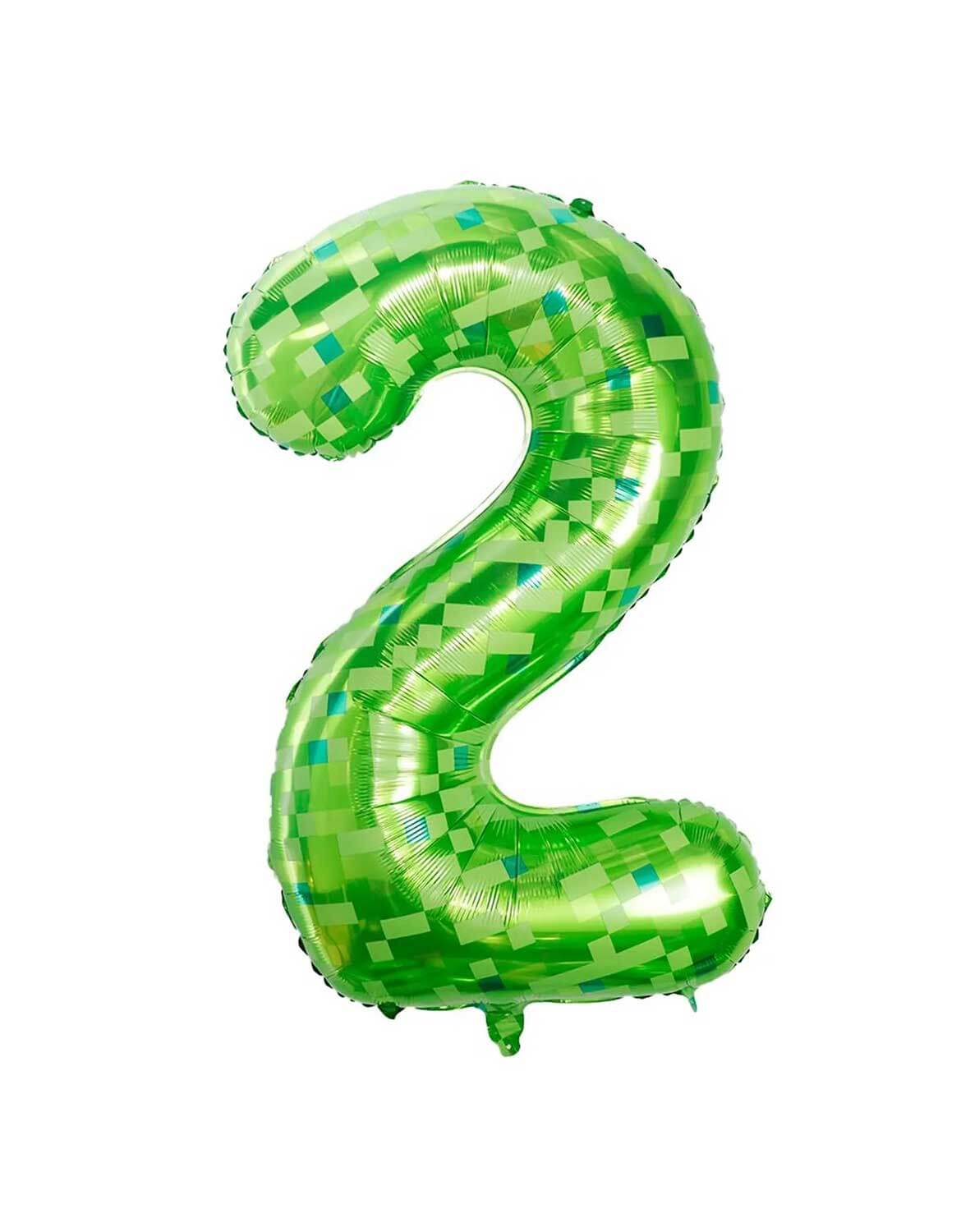 Momo Party's 40" Minecraft green pixelated number 2 foil balloon on a white background.