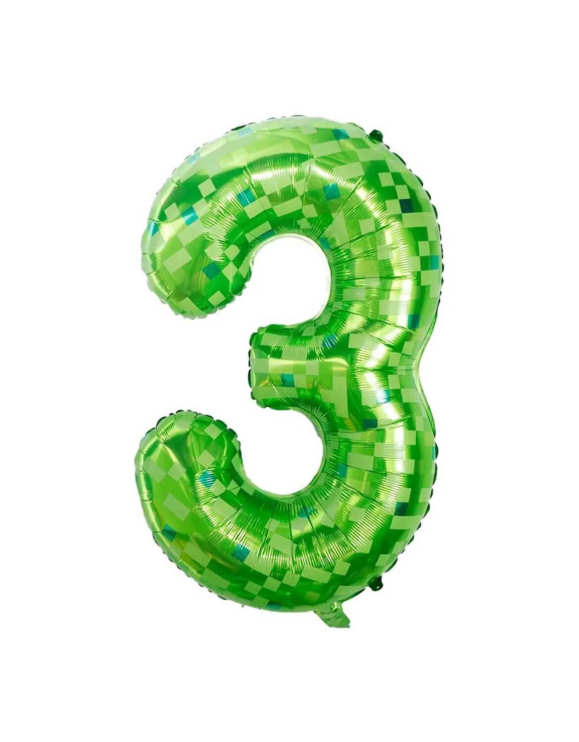 Momo Party's 40" Minecraft green pixelated number 3 foil balloon on a white background.