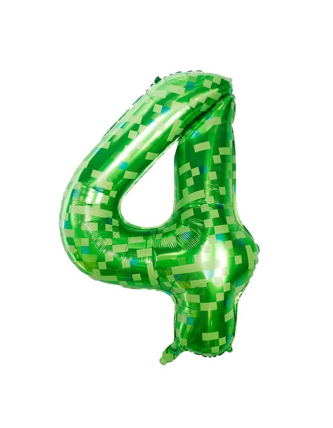 Momo Party's 40" Minecraft green pixelated number 4 foil balloon on a white background.