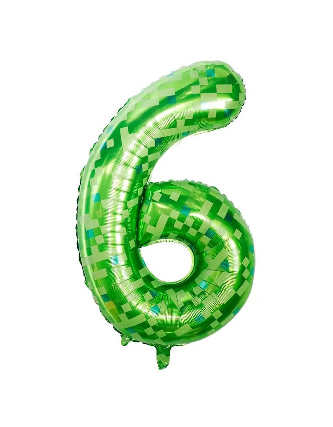 Momo Party's 40" Minecraft green pixelated number 6 foil balloon on a white background.