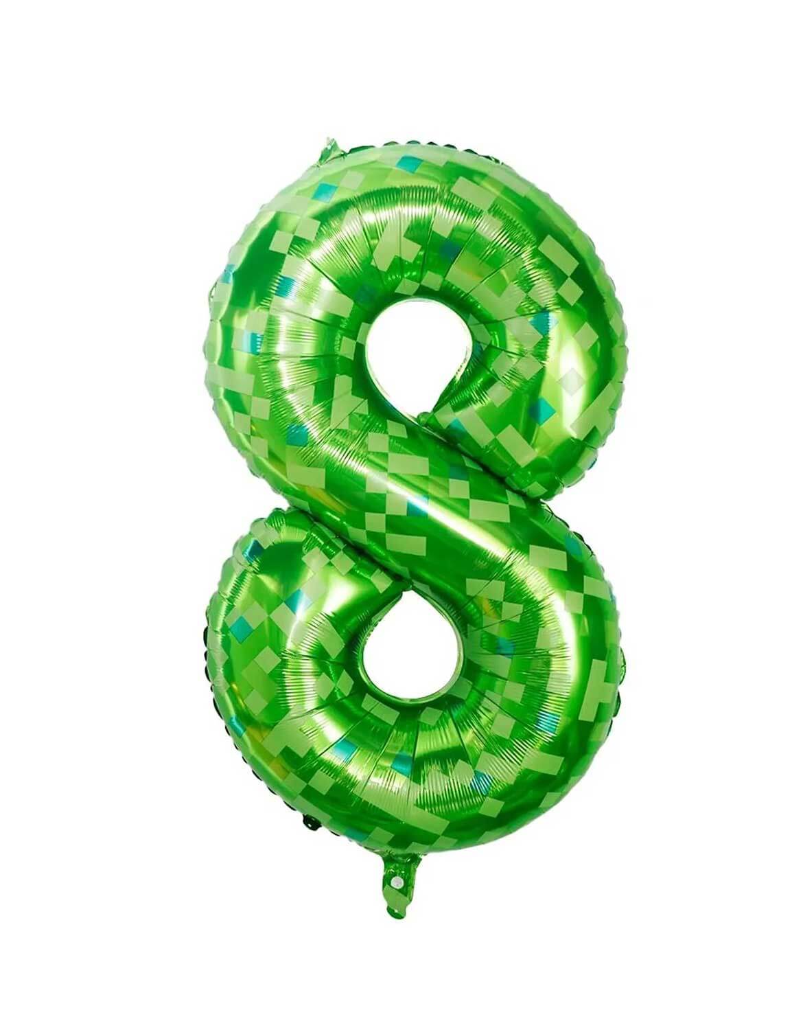 Momo Party's 40" Minecraft green pixelated number 8 foil balloon on a white background.