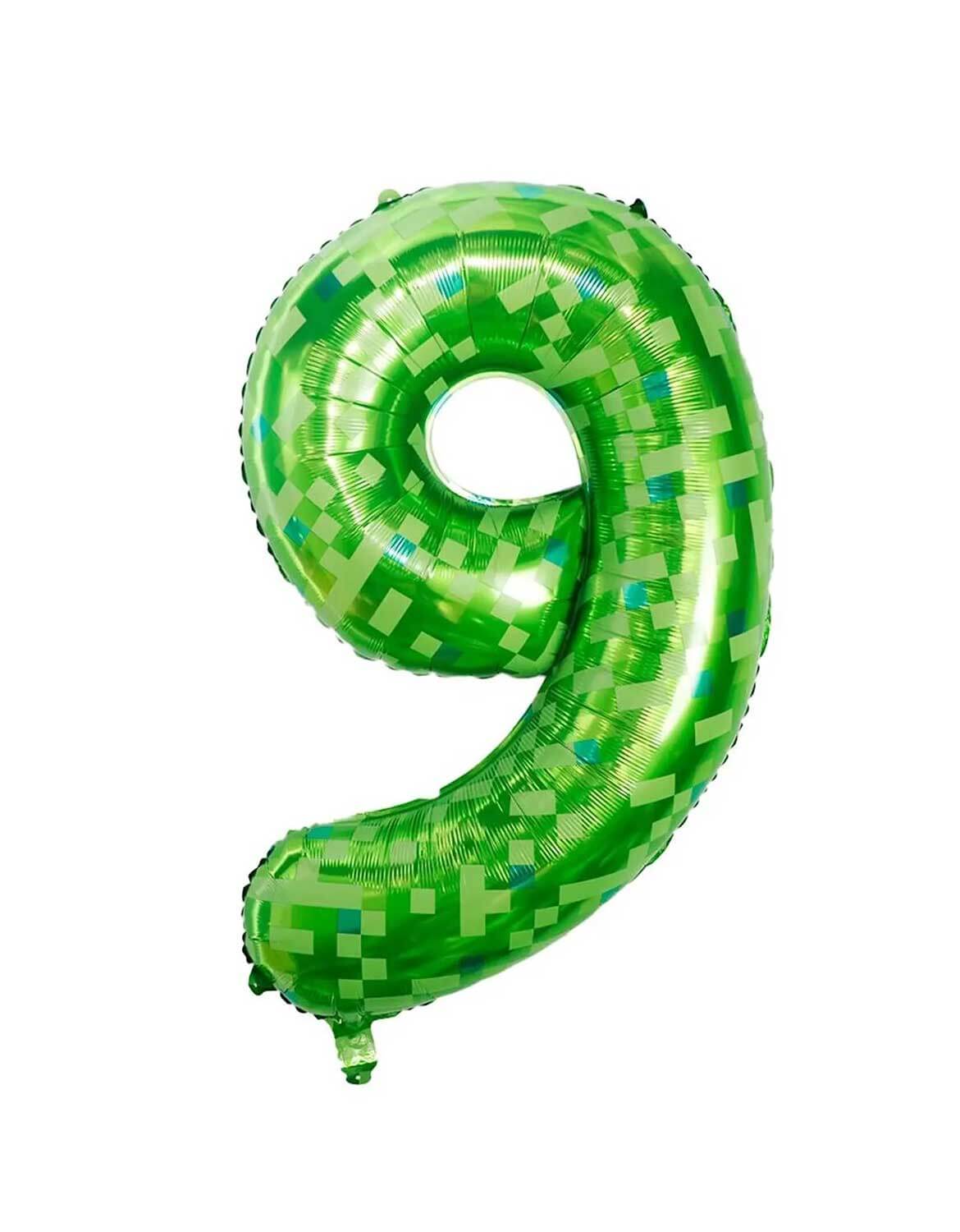 Momo Party's 40" Minecraft green pixelated number 9 foil balloon on a white background.