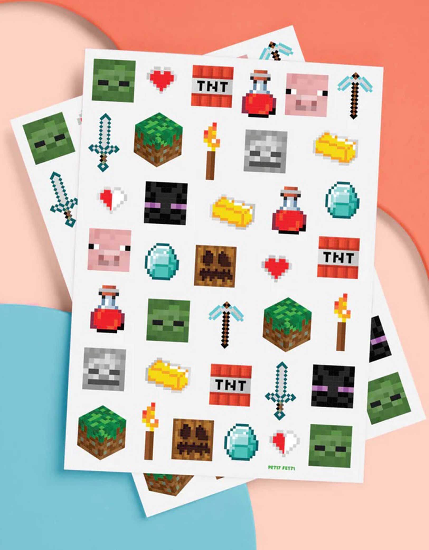 Two sheets of Minecraft-themed temporary tattoos featuring pixelated block designs including TNT, creeper, pig, pixel axes, pixel swords etc. from Momo Party on a colorful background.