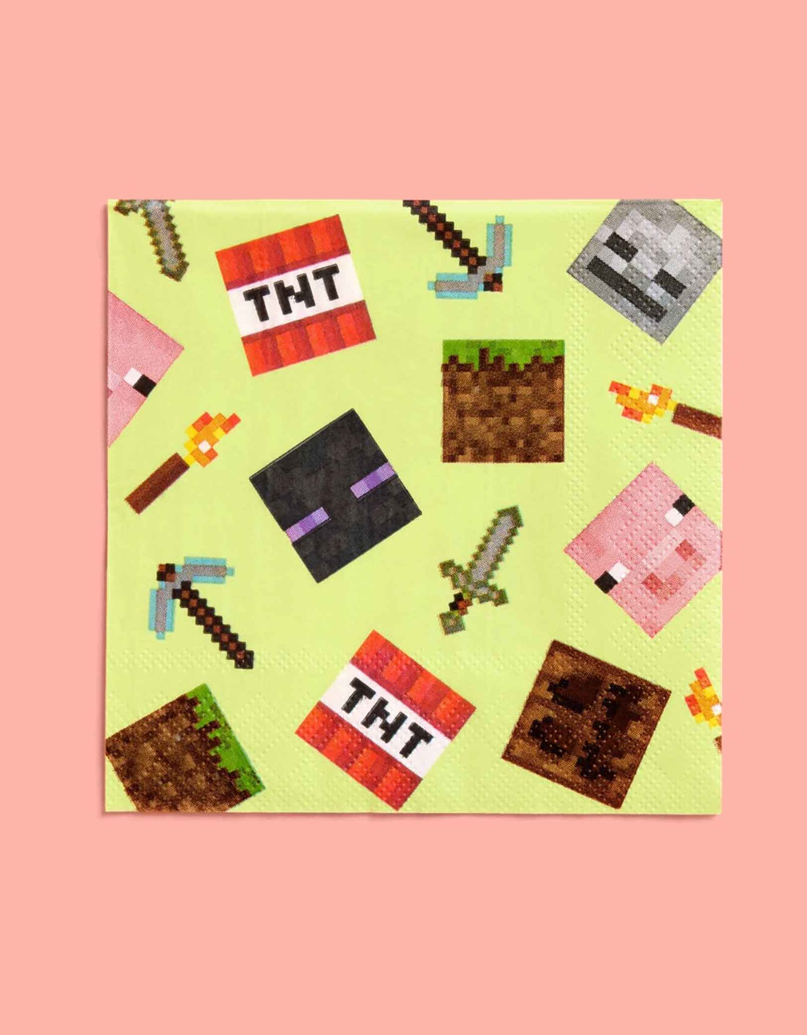 Momo Party's 5" x 5" Minecraft-themed decorative paper napkins with pixelated icons on a pink background.