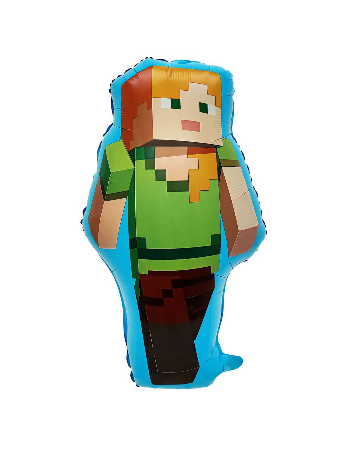 Momo Party's 28" Minecraft Character Alex Shaped foil balloon in pixel design with blue boarder against a white background. 