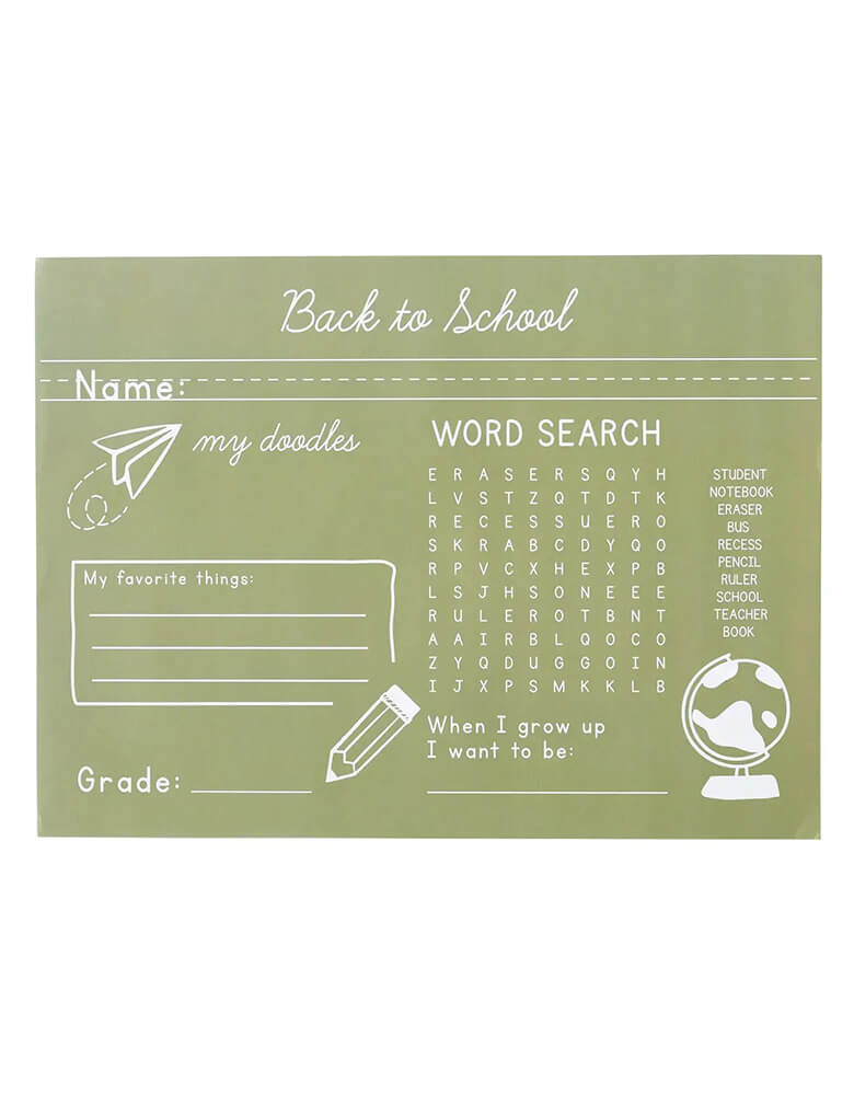 Momo Party's back to school chalkboard placemats by My Mind's Eye. Featuring a school themed word search and place to record favorite things, these placemats are perfect for back to school breakfasts, getting to know new classmates, or even after school activities!