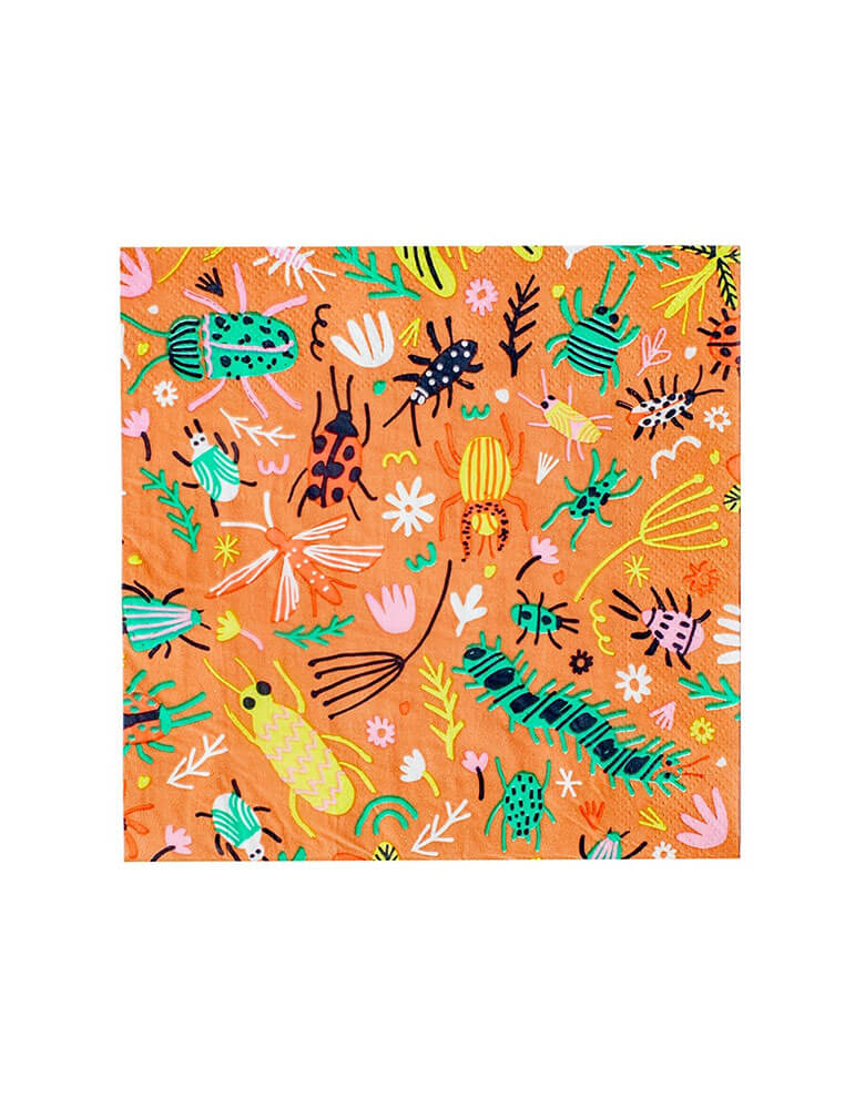 Momo Party's 6 inches backyard bug large napkins by Daydream Society. Featuring neon bugs including ladybugs, caterpillars, beetles, flies, plants and leaves in an earth tones, these bug print large napkins are perfect for your little bug enthusiast at their bug inspired celebration!