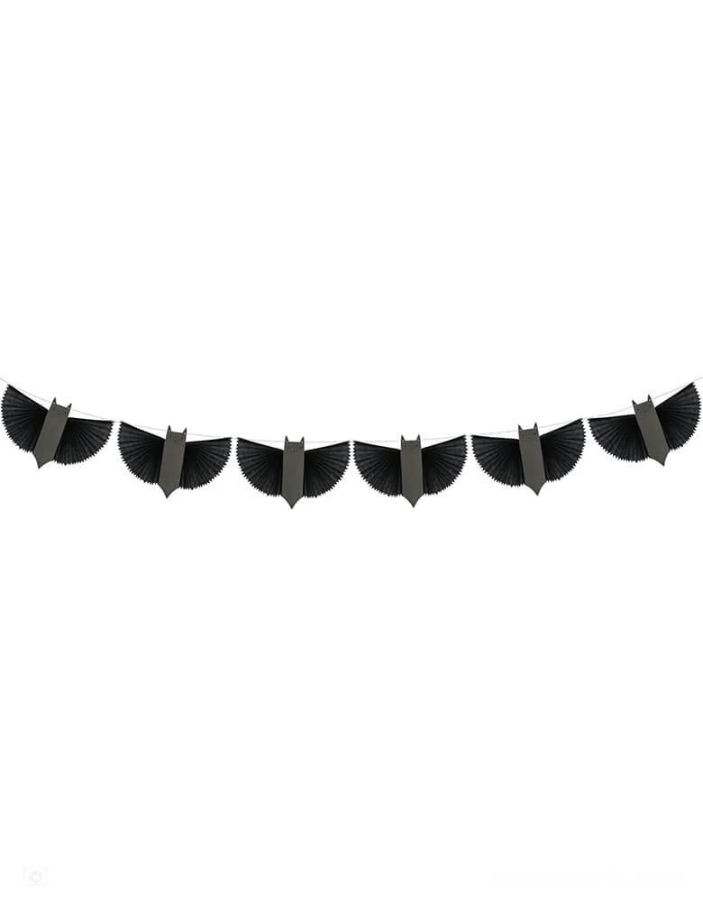 Momo Party's 6 ft Bat-Garland by Meri Meri. This spooky fun Halloween Bat garland is made of black tissue paper with concertina wings, with a shiny silver metallic cord, it makes an easy yet adorable Halloween decoration for kid's trick or treat party, Halloween birthday bash or a fun Halloween party this season!