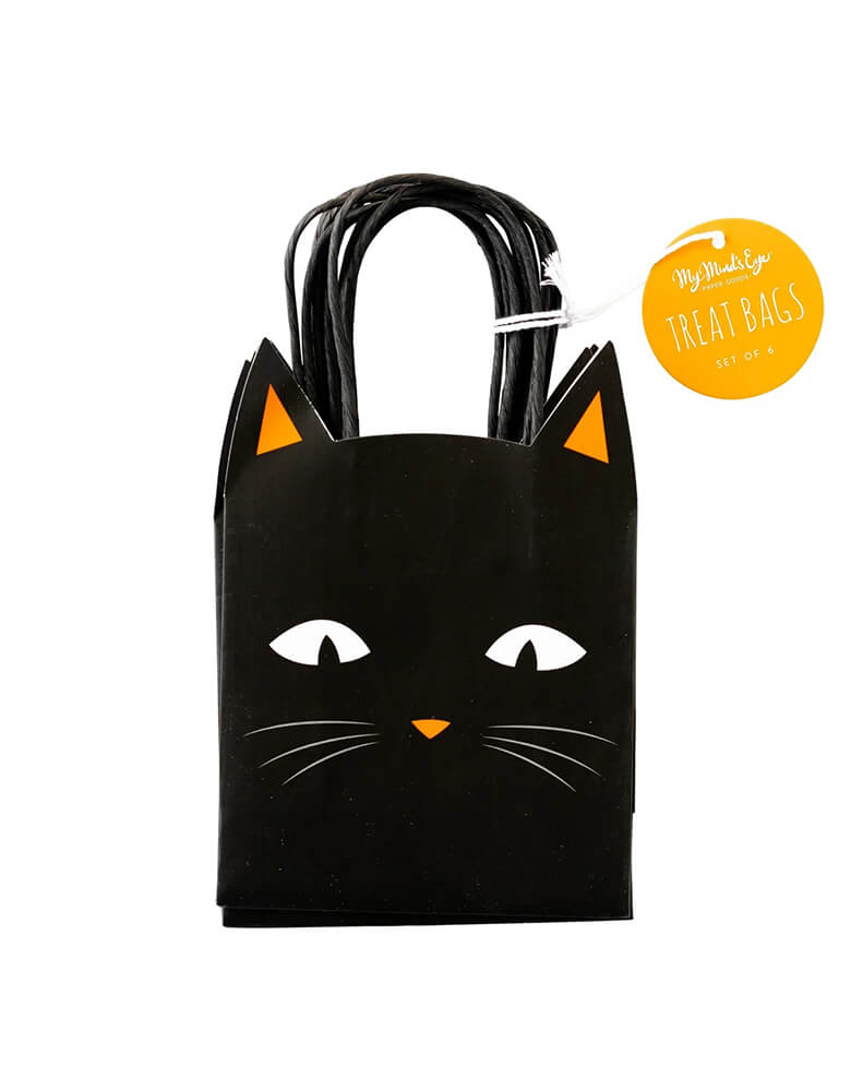 Momo Party 5" x 4" x 5" black cat treat bags by My Mind's Eye. Comes in a set of 6, these bags feature an adorable black cat, making them the perfect way to sneak in a few tricks and treats this Halloween! 