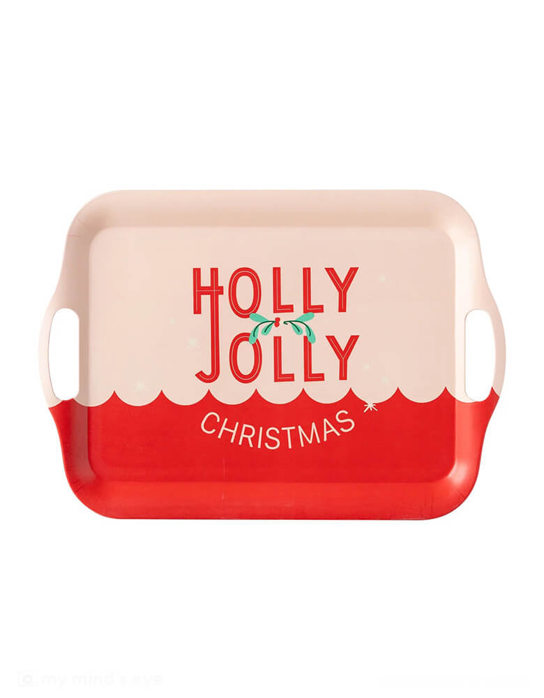 Momo Party's 16.5 x 11.5 inches Holly Jolly Christmas reusable bamboo tray by My Mind's Eye. This food-safe bamboo platter with handles features a pink and red background with a red and pink print "Holly Jolly Christmas" with holly and starbursts. The upturned edges on the sides of the platter keep all your snacks from sliding off. Fill this food platter with fruit, vegetables, and cheese and set it on the buffet table so guests can enjoy it at your holiday party.