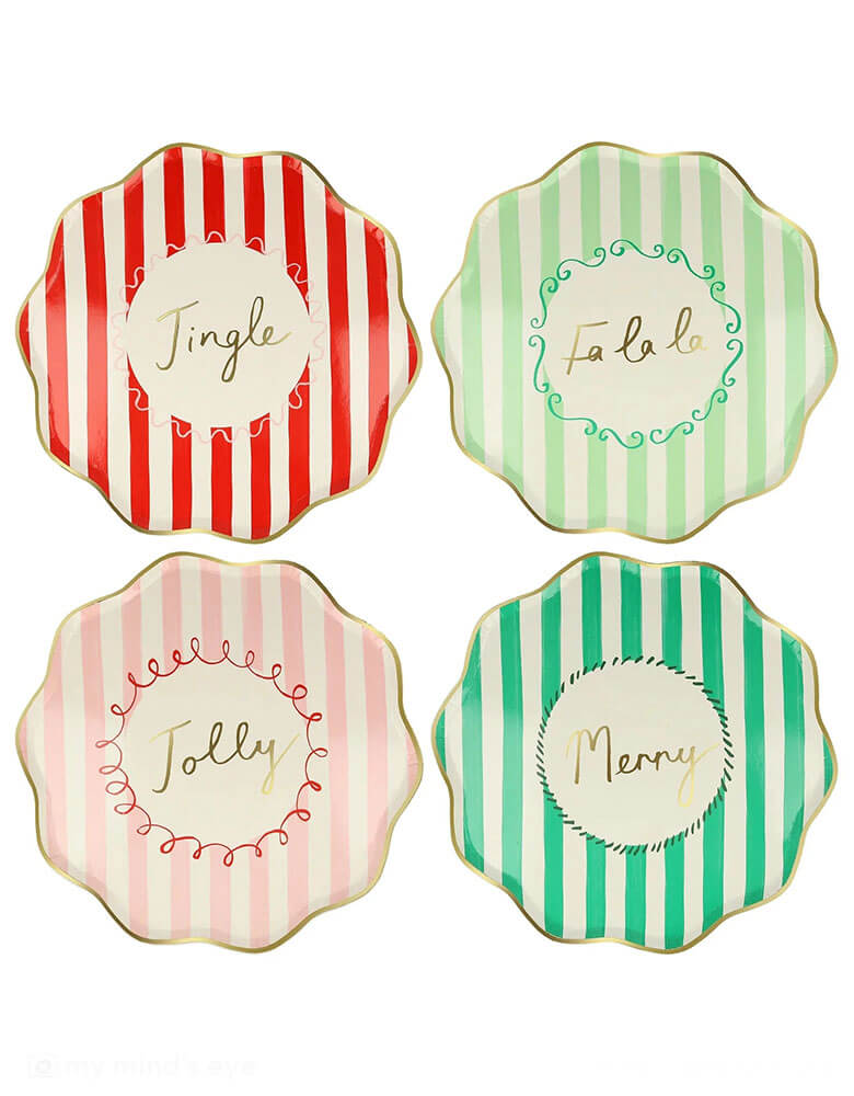 Momo Party's 10.25 x 10.25 inches Christmas striped dinner plates by Meri Meri. Come in a set of 8 in 4 different colors of red, pink, mint, and green with Jingle, Fa La LA, Merry, and Jolly words on them, these vintage inspired designs with gold foil details, with fun messages, will instantly add style to your celebrations over the holidays.