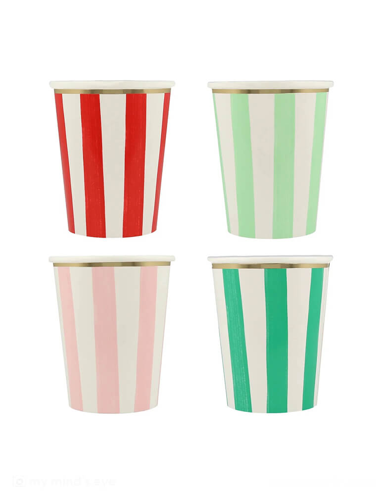 Momo Party's 9oz festive striped party cups by Meri Meri. Comes in a set of 8 cups in 4 different colors including red, pink, mint and green with gold foil edge, they're modern and chic for your Holidays gatherings. Make your Christmas drinks look so special when served in these colorful cups. They're the perfect size for all ages.