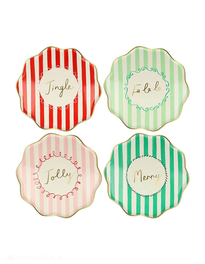 Momo Party's 8.5 x 8.5 inches Christmas striped side plates by Meri Meri. Come in a set of 8 in 4 different colors of red, pink, mint, and green with Jingle, Fa La LA, Merry, and Jolly words on them, these vintage inspired designs with gold foil details, with fun messages, will instantly add style to your celebrations over the holidays.