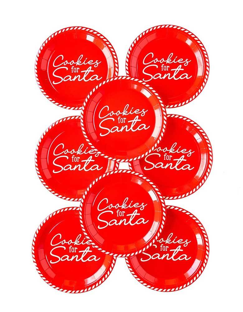 Momo Party's 8 inches Cookies For Santa Paper Plates by My Mind's Eye. Comes as a set of 8 plates, these Santa-approved round paper plates in red with "Cookies for Santa", with festive red and white stripes are perfect for a jolly cookie decorating party.