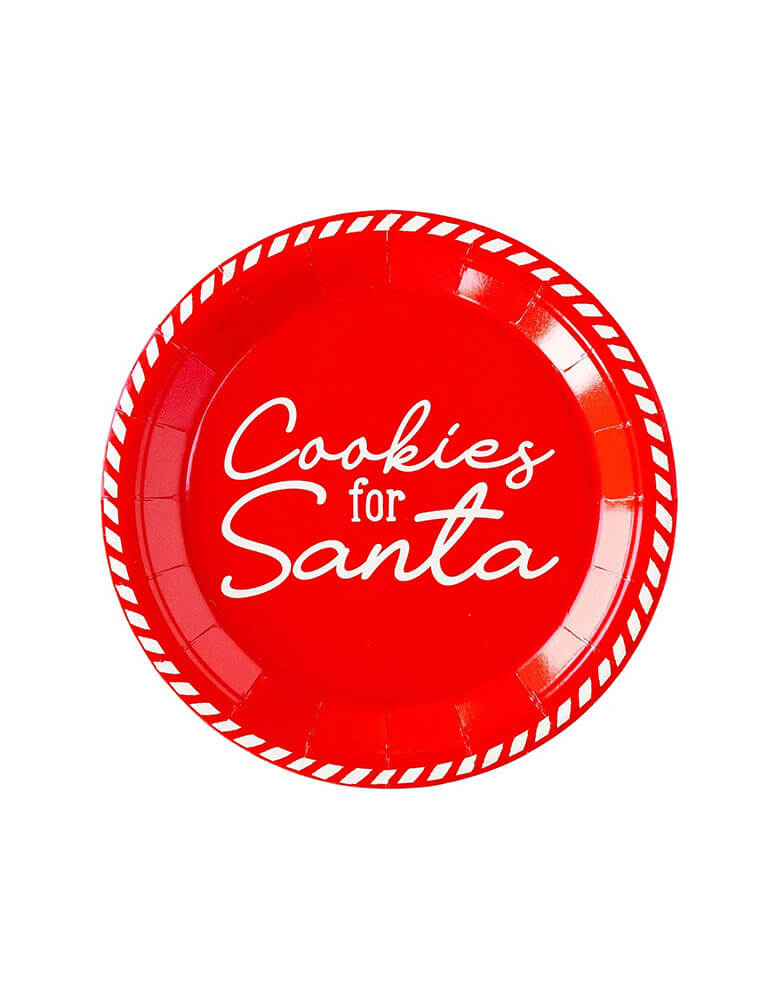 Momo Party's 8 inches Cookies For Santa Paper Plates by My Mind's Eye. These Santa-approved round paper plates in red with "Cookies for Santa", with festive red and white stripes are perfect for a jolly cookie decorating party.