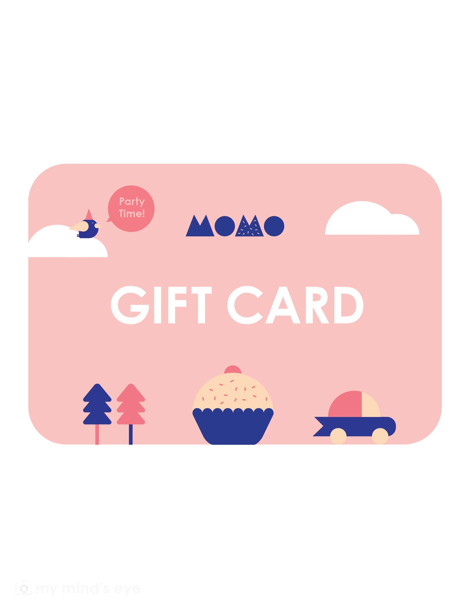 Momo Party's digital gift card with cartoon illustrations of a kid's toy car, a cupcake, some trees and animals with 'Momo' branding on a pink card against a white background.