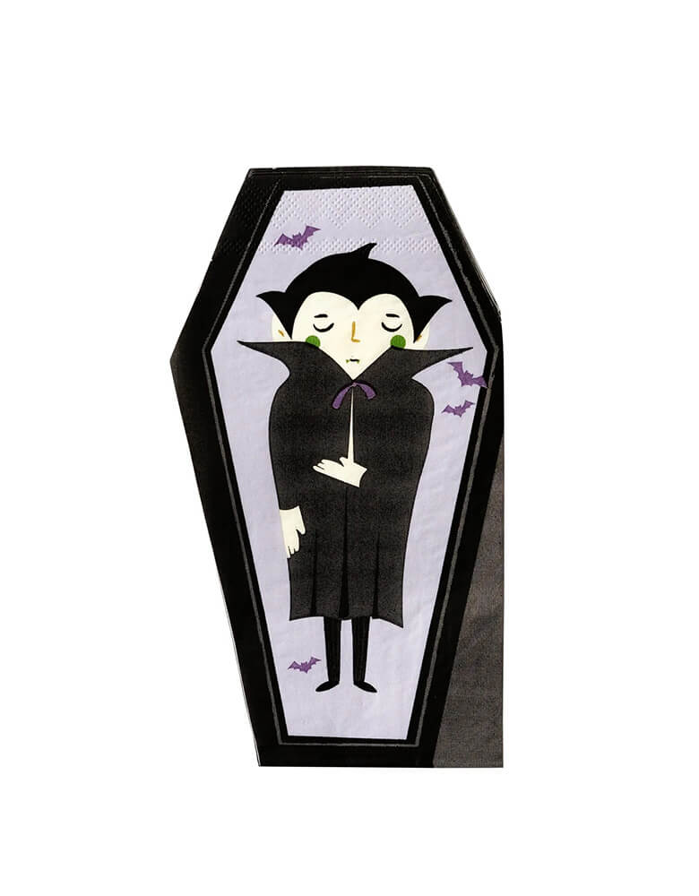 Momo Party's 4.25 x 7.75 inches Dracula coffin shaped napkins by My Mind's Eye. These lilac and black napkins are sure to bring a cute-yet-creepy vibe to any party, making them the perfect accessory for your Halloween festivities. 