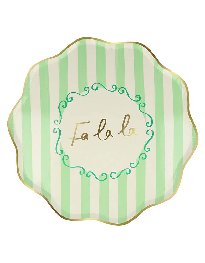 Momo Party's 10.25 x 10.25 inches Christmas striped dinner plates by Meri Meri. Come in a set of 8 in 4 different colors of red, pink, mint, and green with Jingle, Fa La LA, Merry, and Jolly words on them, these vintage inspired designs with gold foil details, with fun messages, will instantly add style to your celebrations over the holidays.