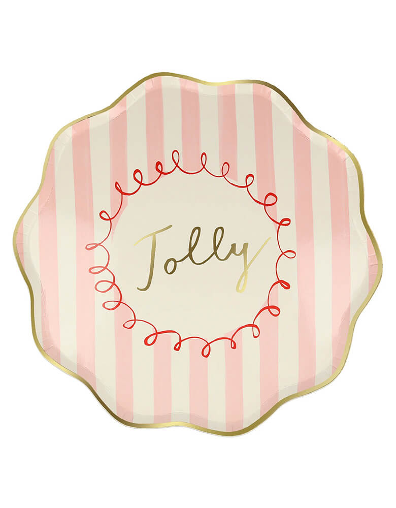Momo Party's 10.25 x 10.25 inches Christmas striped dinner plates by Meri Meri. Come in a set of 8 in 4 different colors of red, pink, mint, and green with Jingle, Fa La LA, Merry, and Jolly words on them, these vintage inspired designs with gold foil details, with fun messages, will instantly add style to your celebrations over the holidays.