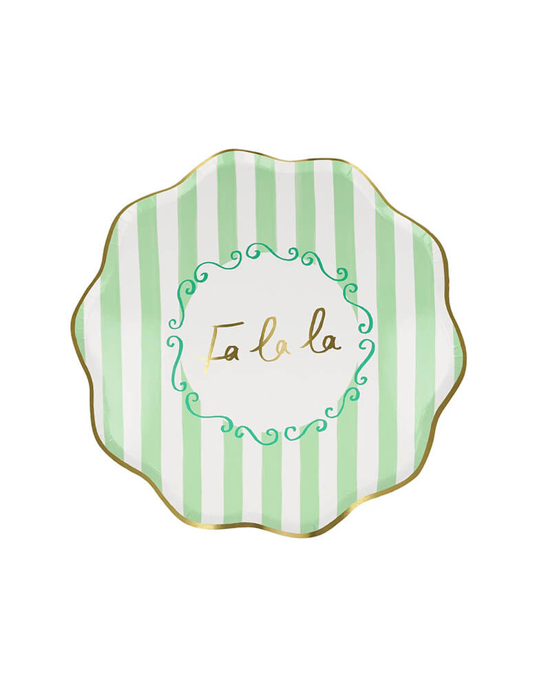 Momo Party's 8.5 x 8.5 inches Christmas striped side plates by Meri Meri. Come in a set of 8 in 4 different colors of red, pink, mint, and green with Jingle, Fa La LA, Merry, and Jolly words on them, these vintage inspired designs with gold foil details, with fun messages, will instantly add style to your celebrations over the holidays.