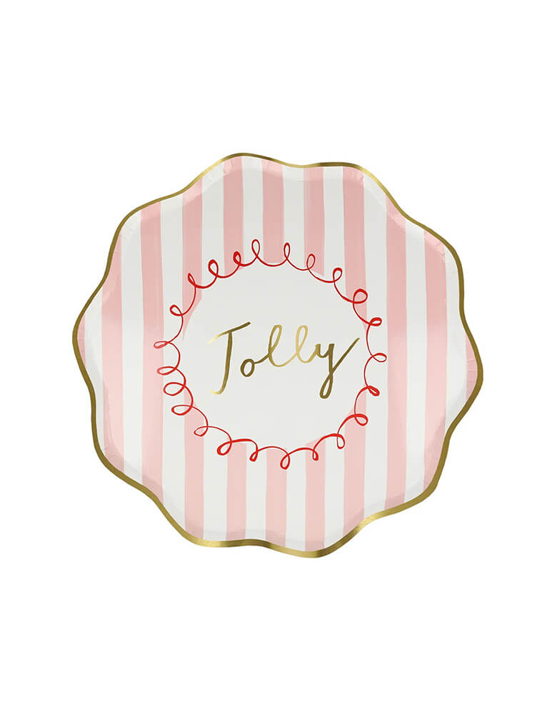 Momo Party's 8.5 x 8.5 inches Christmas striped side plates by Meri Meri. Come in a set of 8 in 4 different colors of red, pink, mint, and green with Jingle, Fa La LA, Merry, and Jolly words on them, these vintage inspired designs with gold foil details, with fun messages, will instantly add style to your celebrations over the holidays.