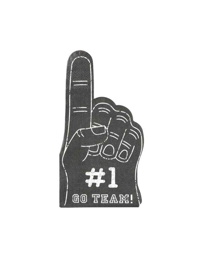 Momo Party's 4.25" x 7.75" black no 1 hand shaped napkin by My Mind's Eye. Die cut to look like a classic foam finger, these party napkins are the prefect way to add team spirit your next football theme celebration or tailgate party!